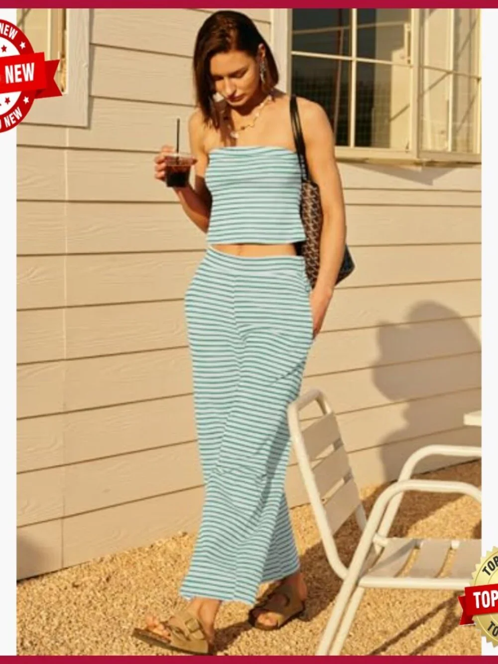 Striped Two Piece Set Tube Top and Wide Leg Pants Lounge Outfit